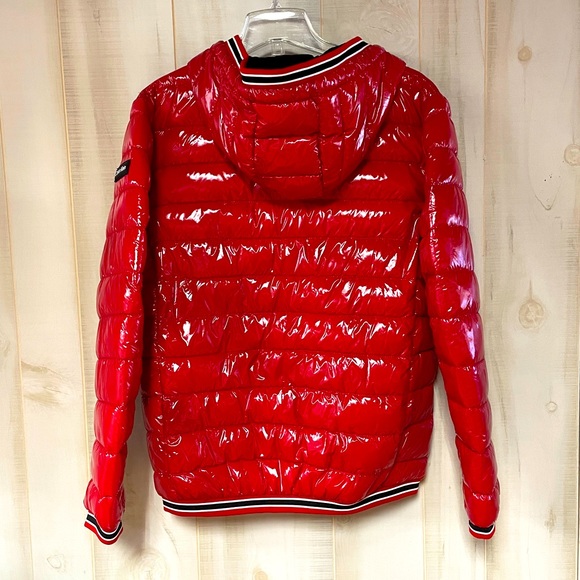 Calvin Klein Super Shine Hooded Red Puffer Coat Sz M - Picture 4 of 9